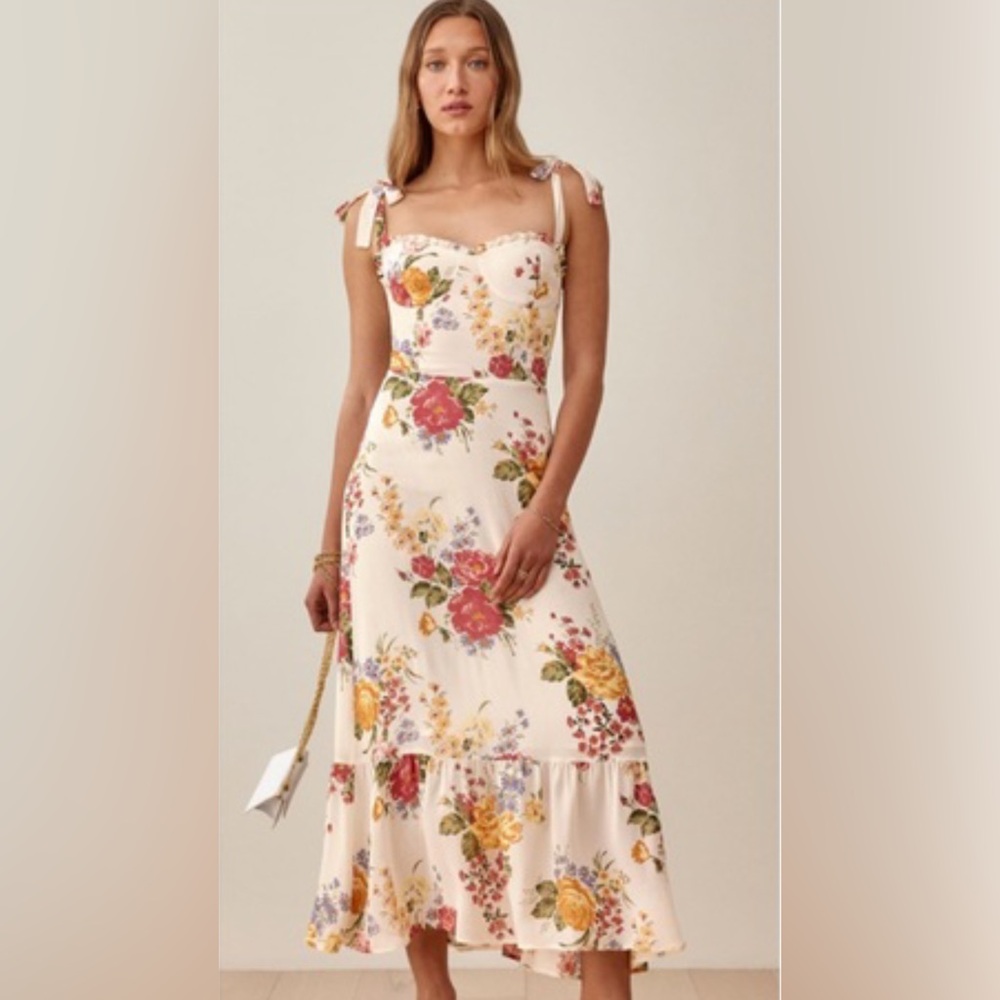 Reformation Cream Floral Midi Dress with Red and Yellow Roses